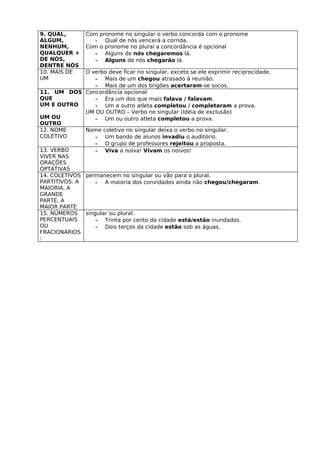 9. QUAL,        Com pronome no singular o verbo concorda com o pronome
ALGUM,             - Qual de nós vencerá a corrida.
NENHUM,         Com o pronome no plural a concordância é opcional
QUALQUER +         - Alguns de nós chegaremos lá.
DE NÓS,            - Alguns de nós chegarão lá.
DENTRE NÓS
10. MAIS DE   O verbo deve ficar no singular, exceto se ele exprimir reciprocidade.
UM                - Mais de um chegou atrasado à reunião.
                  - Mais de um dos brigões acertaram-se socos.
11. UM DOS Concordância opcional
QUE               - Era um dos que mais falava / falavam.
UM E OUTRO        - Um e outro atleta completou / completaram a prova.
              UM OU OUTRO – Verbo no singular (Idéia de exclusão)
UM OU             - Um ou outro atleta completou a prova.
OUTRO
12. NOME      Nome coletivo no singular deixa o verbo no singular.
COLETIVO          - Um bando de alunos invadiu o auditório.
                  - O grupo de professores rejeitou a proposta.
13. VERBO         - Viva a noiva! Vivam os noivos!
VIVER NAS
ORAÇÕES
OPTATIVAS
14. COLETIVOS permanecem no singular ou vão para o plural.
PARTITIVOS: A     - A maioria dos convidados ainda não chegou/chegaram.
MAIORIA, A
GRANDE
PARTE, A
MAIOR PARTE
15. NÚMEROS   singular ou plural.
PERCENTUAIS       - Trinta por cento da cidade está/estão inundados.
OU                - Dois terços da cidade estão sob as águas.
FRACIONÁRIOS
:
 