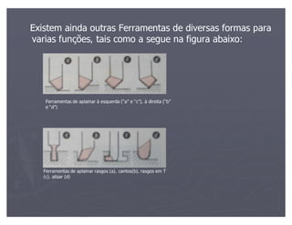 Existem ainda outras Ferramentas de diversas formas para
varias funções, tais como a segue na figura abaixo:




    Ferramentas de aplainar à esquerda ( a e c ), à direita ( b
    e d)




   Ferramentas de aplainar rasgos (a), cantos(b), rasgos em T
   (c), alisar (d)
 