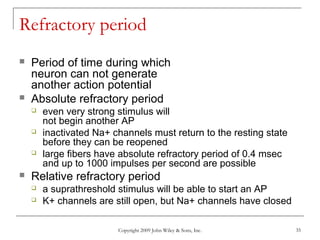 Copyright 2009 John Wiley & Sons, Inc. 35
Refractory period
 Period of time during which
neuron can not generate
another action potential
 Absolute refractory period
 even very strong stimulus will
not begin another AP
 inactivated Na+ channels must return to the resting state
before they can be reopened
 large fibers have absolute refractory period of 0.4 msec
and up to 1000 impulses per second are possible
 Relative refractory period
 a suprathreshold stimulus will be able to start an AP
 K+ channels are still open, but Na+ channels have closed
 