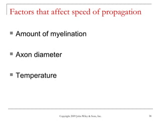 Copyright 2009 John Wiley & Sons, Inc. 38
Factors that affect speed of propagation
 Amount of myelination
 Axon diameter
 Temperature
 