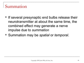 Copyright 2009 John Wiley & Sons, Inc. 48
Summation
 If several presynaptic end bulbs release their
neurotransmitter at about the same time, the
combined effect may generate a nerve
impulse due to summation
 Summation may be spatial or temporal.
 