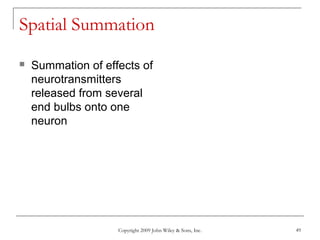 Copyright 2009 John Wiley & Sons, Inc. 49
Spatial Summation
 Summation of effects of
neurotransmitters
released from several
end bulbs onto one
neuron
 