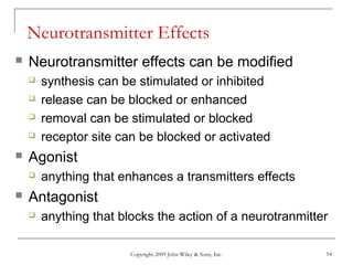Copyright 2009 John Wiley & Sons, Inc. 54
Neurotransmitter Effects
 Neurotransmitter effects can be modified
 synthesis can be stimulated or inhibited
 release can be blocked or enhanced
 removal can be stimulated or blocked
 receptor site can be blocked or activated
 Agonist
 anything that enhances a transmitters effects
 Antagonist
 anything that blocks the action of a neurotranmitter
 