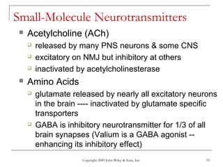 Copyright 2009 John Wiley & Sons, Inc. 55
Small-Molecule Neurotransmitters
 Acetylcholine (ACh)
 released by many PNS neurons & some CNS
 excitatory on NMJ but inhibitory at others
 inactivated by acetylcholinesterase
 Amino Acids
 glutamate released by nearly all excitatory neurons
in the brain ---- inactivated by glutamate specific
transporters
 GABA is inhibitory neurotransmitter for 1/3 of all
brain synapses (Valium is a GABA agonist --
enhancing its inhibitory effect)
 