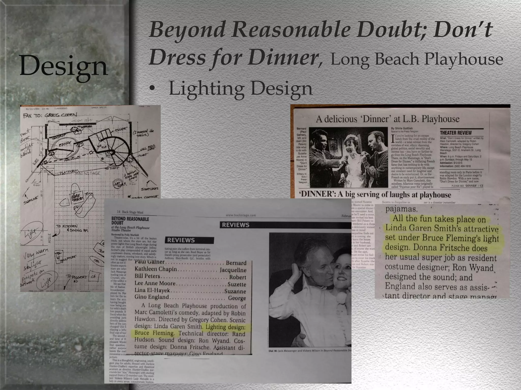 Design
Beyond Reasonable Doubt; Don’t
Dress for Dinner, Long Beach Playhouse
• Lighting Design
 