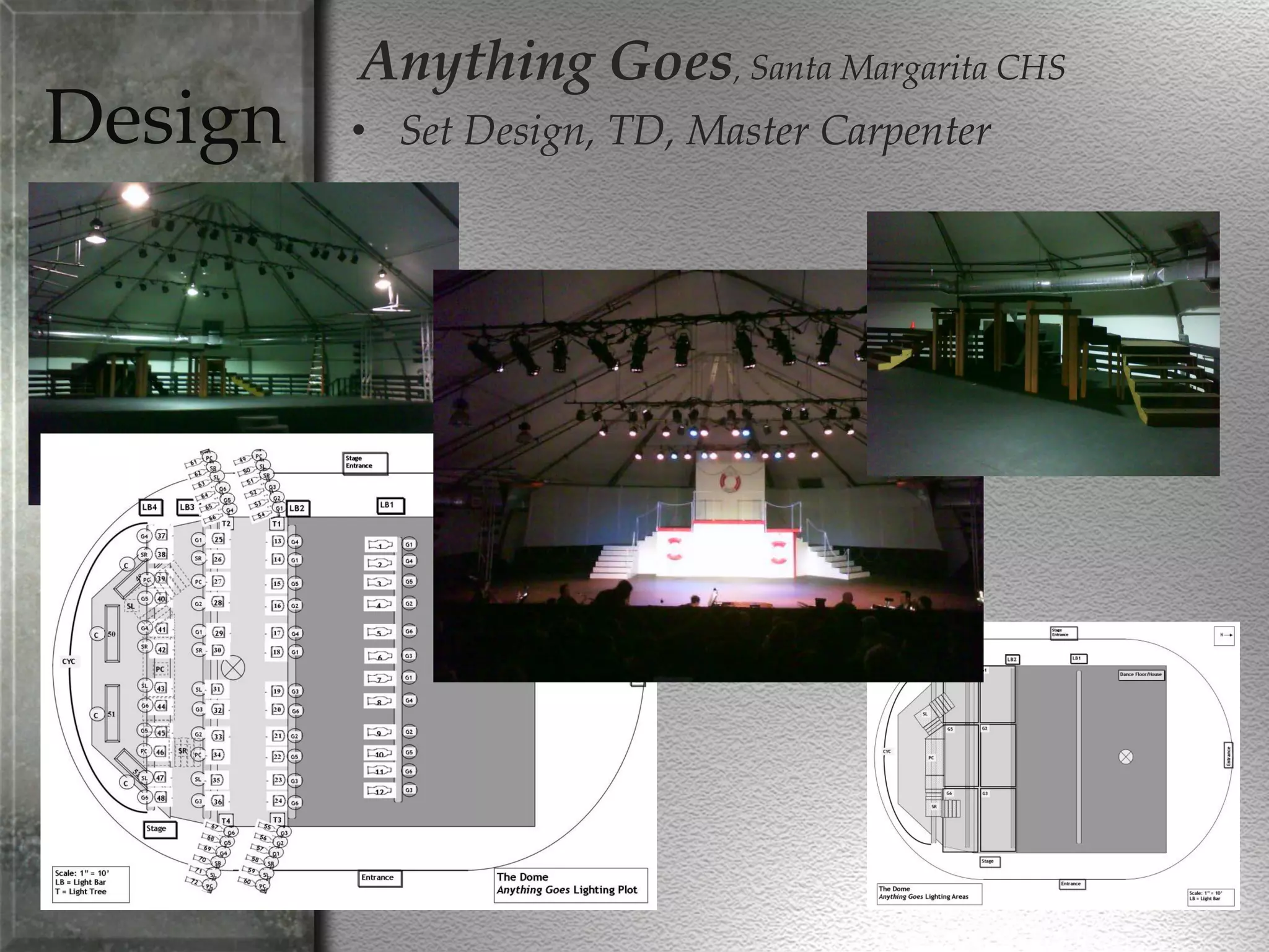 Design
Anything Goes, Santa Margarita CHS
• Set Design, TD, Master Carpenter
 