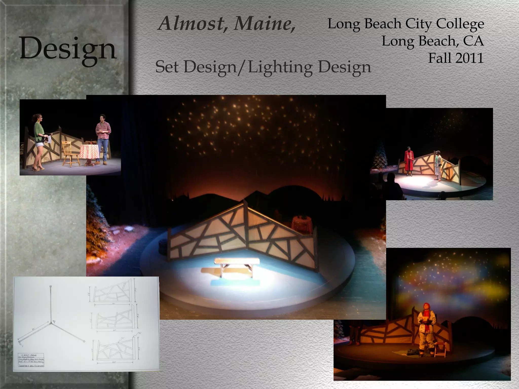 Design
Almost, Maine,
Set Design/Lighting Design
Long Beach City College
Long Beach, CA
Fall 2011
 