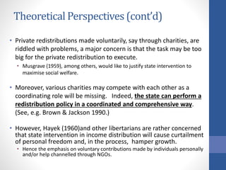 Theoretical Perspectives (cont’d)
• Private redistributions made voluntarily, say through charities, are
riddled with prob...