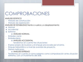 COMPROBACIONES
ANÁLISIS ESTÁTICO
• Periodo de construcción
• Periodo de explotación
ANÁLISIS DE ESTABILIDAD frente a vuelco y a desplazamiento
 Normal
 Accidental
 Extrema
 ANÁLISIS NORMAL
‒ Embalse vacío
‒ Embalse lleno
 ANÁLISIS ACCIDENTAL
Tendremos en cuenta tres situaciones:
– El peso propio de la presa y el empuje provocado por el sismo.
– Empuje hidrostático a nivel de avenida de proyecto.
– Drenes ineficaces.
 ANÁLISIS EXTREMO
‒ Tendremos en cuenta un sismo extremo como comprobación antes situación
extrema, con un incremento del 50%.
 