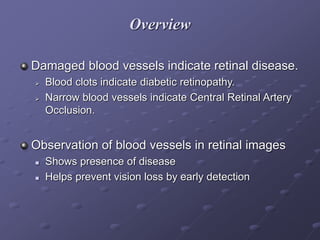 Overview
Damaged blood vessels indicate retinal disease.
 Blood clots indicate diabetic retinopathy.
 Narrow blood vessels indicate Central Retinal Artery
Occlusion.
Observation of blood vessels in retinal images
 Shows presence of disease
 Helps prevent vision loss by early detection
 