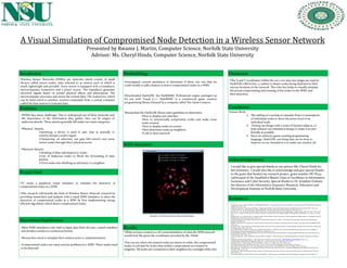 A Visual Simulation of Compromised Node Detection in a Wireless Sensor Network
Presented by Kwame J. Martin, Computer Science, Norfolk State University
Advisor: Ms. Cheryl Hinds, Computer Science, Norfolk State University
Introduction
Wireless Sensor Networks (WSNs) are networks which consist of small
devices called sensor nodes, (also referred to as motes) each of which is
small, lightweight and portable. Every sensor is equipped with a transducer,
microcomputer, transceiver and a power source. The transducer generates
electrical signals based on sensed physical effects and phenomena. The
microcomputer processes and stores the sensed data. The transceiver, which
can be hard-wired or wireless, receives commands from a central computer
called the base station to transmit data.
Problems
WSNs face many challenges. Due to widespread use of these networks and
the importance of the information they gather, they can be targets of
malicious attacks. These attacks generally fall under two main categories:
Physical Attacks:
Jamming: a device is used to jam, that is; partially or
entirely disrupt a node’s signal
Tampering: an adversary can gain full control over some
sensor nodes through direct physical access
Network Attacks:
Sending of false information to nodes
Use of malicious nodes to block the forwarding of data
packets
Trick nodes into thinking an adversary is a neighbor
Project Goal
Importance/Significance
•Most WSN simulators only read in input data from the user, crunch numbers
and produce results in a numerical format.
•Researchers need to simulate their solution prior to implementation.
•Compromised nodes can cause serious problems in a WSN. These nodes need
to be detected.
•To create a graphical visual simulator to simulate the detection of
compromised nodes in a WSN.
•This research will benefit the field of Wireless Sensor Network research by
providing researchers and analysts with a visual WSN simulator, to show the
detection of compromised nodes in a WSN by first implementing energy
efficient algorithms which detect compromised nodes.
Methodology
•Investigated current simulators to determine if there was one that we
could modify to add a feature to detect compromised nodes in a WSN.
•Downloaded DarkGDK, the DarkBASIC Professional engine packaged up
for use with Visual C++. DarkBASIC is a commercial game creation
programming library released by a company called The Game Creators.
•Researched the DarkGDK library and capabilities to determine:
•How to display user interface
•How to intentionally compromise nodes and make some
nodes trusted
•How to display nodes on screen
•How determine nodes as neighbors
•Code to draw network
WSN Simulator
Interface of Wireless Sensor Network Simulator
Results
•What we have created is a 2D visual simulation of what the WSN network
would look like given the coordinates provided by Ms. Hinds.
•You can see where the trusted nodes are drawn in white, the compromised
nodes in red and the nodes that neither compromised nor trusted in
magenta. All nodes are connected to their neighbors by a straight white line.
Discussion
•The X and Y coordinates within the 100 x 100 max size ranges are used in
DarkGDK’s dbCircle(x, y, radius) to depict nodes being deployed at their
various locations in the network. The color key helps to visually simulate
the actual compromising and trusting of the nodes in the WSN, and
their detection.
Conclusion
•Future Work:
 The adding of a module to simulate Power Consumption
of individual nodes to show the power level of an
individual node.
 Testing our design with a series of human subjects, to
help enhance our simulation design to make it as user-
friendly as possible.
 Since we utilized a game creating programming
language, DarkGDK, one thing that can be done to
improve on our simulation is to make our creation 3D.
Acknowledgements
I would like to give special thanks to my advisor Ms. Cheryl Hinds for
her assistance. I would also like to acknowledge and give special thanks
to the grant that funded my research project, grant number DE-FG52-
09NA29516 of the Establish a Massie Chair of Excellence in Information
Assurance and Cyber Security. Special thanks to Dr. Jonathan Graham,
the director of the Information Assurance Research, Education and
Development Institute at Norfolk State University.
References
[1] Bojkovic, Zoran S., Bojan M. Bakmaz, and Miodrag R. Bakmaz. "International Journal of Communication." Security Issues in Wireless Sensor Networks
(2008). Web. 17 Nov. 2010
[2] Becher, Alexander. "Tampering with Motes." Tampering with Motes: Real-World Physical Attacks on Wireless Sensor Networks. Web. 7 Dec. 2010.
[3] Chan, Haowen. "Security and Privacy in Sensor Networks." Security and Privacy in Sensor Networks. Web. 7 Dec. 2010.
[4] Cook, D. J., S. K. Das, and John Wiley. "Smart Environments: Technologies, Protocols, and Applications." Wireless Sensor Networks. Web. 10 Dec. 2010.
[5] D. Li, K. D. Wong, Y. H. Hu, and A. M. Sayeed, “Detection, classification, and tracking of targets”, IEEE Signal Processing Mag., vol. 19, pp. 17-29, Mar
2002.
[6] Egea-López, E., J. Vales-Alonso, A. S. Martínez-Sala, P. Pavón-Mariño, and J. García-Haro. "Summer Simulation Multiconference." Simulation Tools for
Wireless Sensor Networks (2005). Web. 17 Nov. 2010.
[7] Efficient Detection of Compromised Nodes in a Wireless Sensor Network, C. Hinds, , 12th Annual Communications and Networking Simulation
Symposium (CNS), 2009.
[8] Kalita, Hermanta K., and Avijit Kar. “Wirelesss Sensor Network Security Analysis.” International Journal of Next- Generation Networks (IJNGN), Web.
12 Feb. 2011.
[9] Karlof, Chris. "Secure Routing in Wireless Sensor Networks: Attacks and Countermeasures." Secure Routing in Wireless Sensor Networks: Attacks and
Countermeasures. Web. 7 Dec. 2010.
[10] A. Mainwaring, J. Polastre, R. Szewczyk, D. Culler, and J.Anderson, “Wireless sensor networks for habitat monitoring”, Inacm Inter. Workshop on
Wireless Sensor Networks and Applications (WSNA'02), Atlanta, GA, 2002.
[11] Muraleedharan, Rajani. "Jamming Attack Detection and Countermeasures In Wireless Sensor." Jamming Attack Detection and Countermeasures In
Wireless Sensor. Web. 7 Dec. 2010.
[12] Parbat, Bhawana. "Data Visualization Tools for WSNs: A Glimpse." Www.ijcaonline.org. International Journal of Computer Applications, May-June
2005.
[13] Römer, Kay, Friedemann Mattern "The Design Space of Wireless Sensor Networks", IEEE Wireless Communications, Dec. 2004.
[14] Scaling, By. "Energy-Efficient Algorithms | May 2010." Communications of the ACM. Web. 11 Oct. 2010.
[15] Stein, David J. "Wireless Sensor Network Simulator." Djstein.com. 23 Mar. 2005. Web. 18 Nov. 2010
[16] "Wireless Sensor Networks Research Group." Computer Science at Western Michigan University. Web. 11 Oct. 2010.
[17] "What Is Sensor Network?" Data Center Information, News and Tips - SearchDataCenter.com. Tech Target. Web. 17 Nov. 2010.
[18] Wang, Qin. "A Realistic Power Consumption Model for Wireless Sensor Network Devices." Division of Engineering and Applied Sciences Harvard
University. Web. 11 Oct. 2010.
[19] Xing, Kai. "Real-time Detection of Clone Attacks in Wireless Sensor Networks." Real-time Detection of Clone Attacks in Wireless Sensor Networks.
Web. 7 Dec. 2010.
[20] Yussoff, Yusnani. "Trusted Wireless Sensor Node Platform." Www.iaeng.org. Proceedings of the World Congress on Engineering, June-July 2010.
 