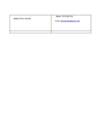 Mobile 0772 724 445
Mobil : 0773 202 101
Email: gilnyakudya@gmail.com
 