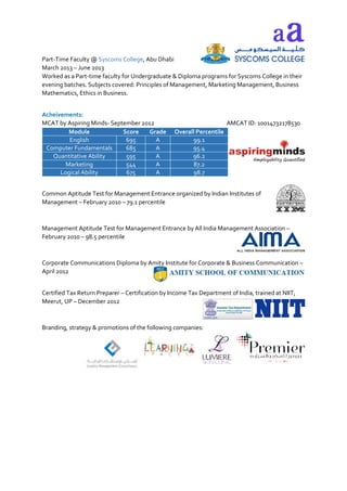 Part-Time Faculty @ Syscoms College, Abu Dhabi
March 2013 – June 2013
Worked as a Part-time faculty for Undergraduate & Diploma programs for Syscoms College in their
evening batches. Subjects covered: Principles of Management, Marketing Management, Business
Mathematics, Ethics in Business.
Acheivements:
MCAT by Aspiring Minds- September 2012 AMCAT ID: 10014732178530
Module Score Grade Overall Percentile
English 695 A 99.1
Computer Fundamentals 685 A 95.4
Quantitative Ability 595 A 96.2
Marketing 544 A 87.2
Logical Ability 675 A 98.7
Common Aptitude Test for Management Entrance organized by Indian Institutes of
Management – February 2010 – 79.1 percentile
Management Aptitude Test for Management Entrance by All India Management Association –
February 2010 – 98.5 percentile
Corporate Communications Diploma by Amity Institute for Corporate & Business Communication –
April 2012
Certified Tax Return Preparer – Certification by Income Tax Department of India, trained at NIIT,
Meerut, UP – December 2012
Branding, strategy & promotions of the following companies:
 