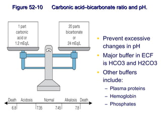 Figure 52-10   Carbonic acid–bicarbonate ratio and pH.




                                 • Prevent excessive
                                   changes in pH
                                 • Major buffer in ECF
                                   is HCO3 and H2CO3
                                 • Other buffers
                                   include:
                                    – Plasma proteins
                                    – Hemoglobin
                                    – Phosphates
 