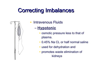 Correcting Imbalances

    • Intravenous Fluids
      – Hypotonic
         • osmotic pressure less to that of
           plasma.
         • 0.45% Na CL or half normal saline
         • used for dehydration and
         • promotes waste elimination of
                  kidneys
 