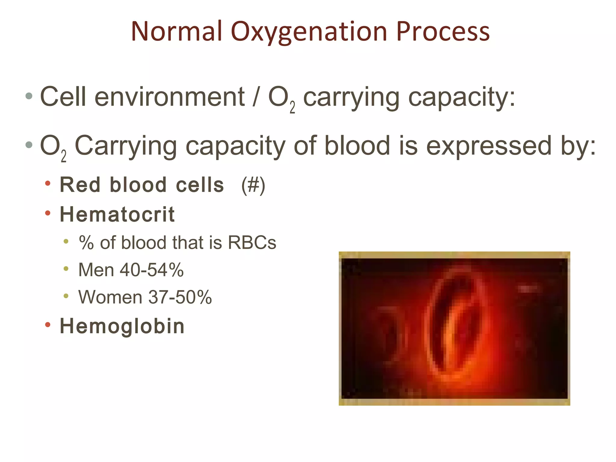 Normal Oxygenation Process

• Cell environment / O2 carrying capacity:
• O2 Carrying capacity of blood is expressed by:
 • Red blood cells (#)
 • Hematocrit
   • % of blood that is RBCs
   • Men 40-54%
   • Women 37-50%
 • Hemoglobin
 