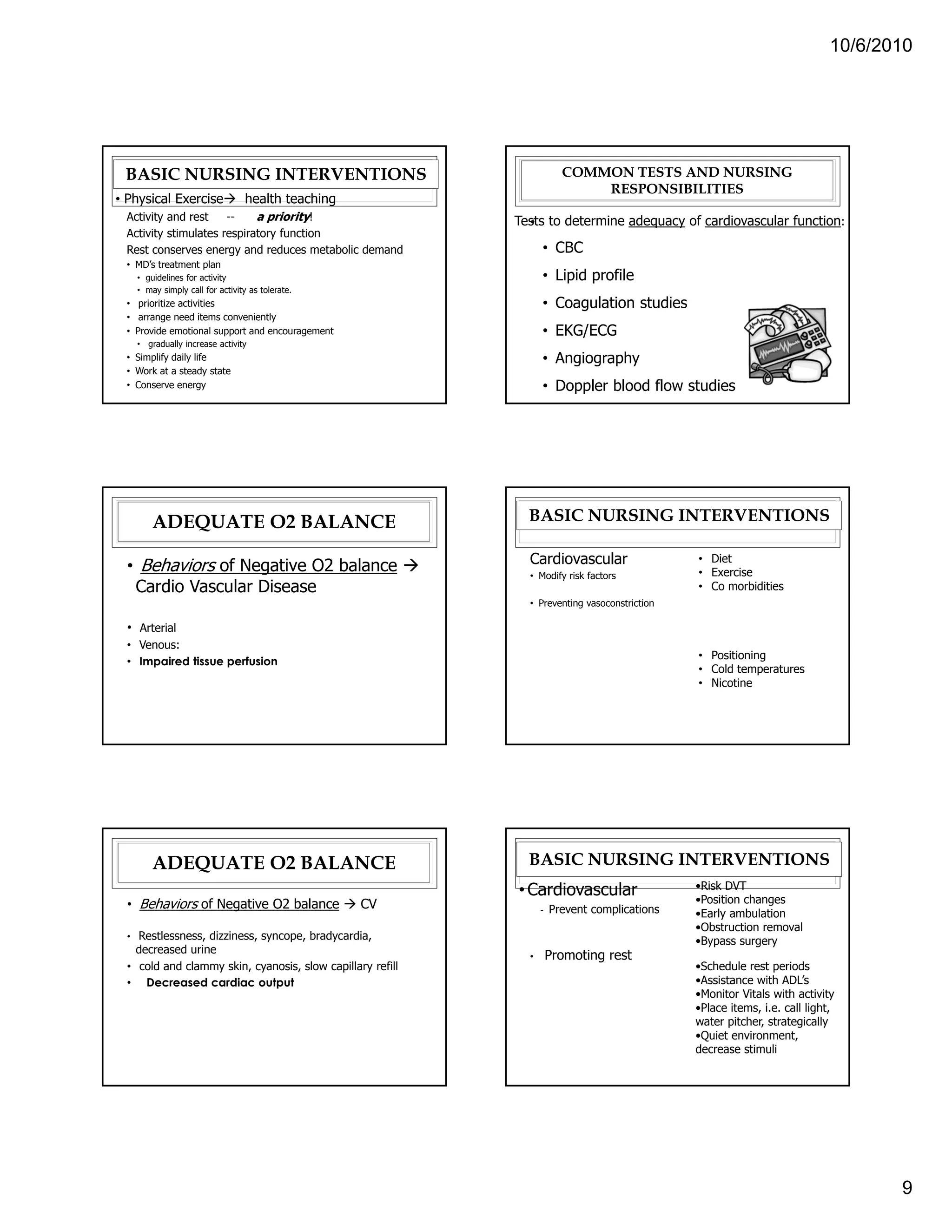 10/6/2010




 BASIC NURSING INTERVENTIONS                                            COMMON TESTS AND NURSING
                                                                            RESPONSIBILITIES
• Physical Exercise              health teaching
 Activity and rest    --    a priority!                     Tests to determine adequacy of cardiovascular function:
                                                              •
 Activity stimulates respiratory function
 Rest conserves energy and reduces metabolic demand               • CBC
 • MD’s treatment plan
    • guidelines for activity                                     • Lipid profile
    • may simply call for activity as tolerate.
 • prioritize activities                                          • Coagulation studies
 • arrange need items conveniently
 • Provide emotional support and encouragement                    • EKG/ECG
    • gradually increase activity
 • Simplify daily life                                            • Angiography
 • Work at a steady state
 • Conserve energy                                                • Doppler blood flow studies




        ADEQUATE O2 BALANCE                                   BASIC NURSING INTERVENTIONS

  • Behaviors of Negative O2 balance                          Cardiovascular                  • Diet
                                                              • Modify risk factors           • Exercise
   Cardio Vascular Disease                                                                    • Co morbidities
                                                              • Preventing vasoconstriction

  • Arterial
  • Venous:
                                                                                              • Positioning
  • Impaired tissue perfusion
                                                                                              • Cold temperatures
                                                                                              • Nicotine




        ADEQUATE O2 BALANCE                                   BASIC NURSING INTERVENTIONS
                                                            • Cardiovascular                  •Risk DVT
                                                                                              •Position changes
  • Behaviors of Negative O2 balance               CV             -   Prevent complications   •Early ambulation
                                                                                              •Obstruction removal
  • Restlessness, dizziness, syncope, bradycardia,
                                                                                              •Bypass surgery
    decreased urine
                                                              •       Promoting rest
  • cold and clammy skin, cyanosis, slow capillary refill                                     •Schedule rest periods
  • Decreased cardiac output                                                                  •Assistance with ADL’s
                                                                                              •Monitor Vitals with activity
                                                                                              •Place items, i.e. call light,
                                                                                              water pitcher, strategically
                                                                                              •Quiet environment,
                                                                                              decrease stimuli




                                                                                                                                 9
 