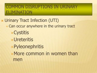 COMMON DISRUPTIONS IN URINARY
    ELIMINATION
   Urinary Tract Infection (UTI)
     Can   occur anywhere in the urinary tract
       Cystitis

       Ureteritis

       Pyleonephritis

       More     common in women than
        men
 