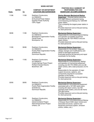 WORK HISTORY
DATES
From To
COMPANY OR DEPARTMENT
LOCATION AND SUPERVISOR
POSITION HELD, SUMMARY OF
RESPONSIBILITIES AND
SIGNIFICANT ACCOMPLISHMENTS
Page 5 of 7
11/96 11/99 Raytheon Constructors,
Inc./EBASCO
El-Kureimat Power Station
Egyptian Power Authority
Cairo, Egypt
Startup Manager Mechanical Startup
Supervisor – Directed startup personnel
from eight different contractors during
Commissioning and Startup of a 1200 MW
power station.
This is presently the largest power station in
Africa.
Provided classroom and on-the-job training
for client personnel.
06/96 11/96 Raytheon Constructors,
Inc./EBASCO
Brandywine Cogeneration Facility
Panda Power
Brandywine, VA
Mechanical Startup Supervisor –
Responsible for Commissioning and Startup
and operation of installed equipment
including two GE 7EA HRSG’s and one
steam turbine.
Provided classroom and on-the-job training
for client personnel.
11/95 06/96 Raytheon Constructors,
Inc./EBASCO
Puerto Plata Cogeneration Facility
Smith/Enron
Dominican Republic
Mechanical Startup Supervisor –
Responsible for the problem diagnosis
(design changes and modifications) and
restart of damaged equipment.
Eventually became the warranty and repair
coordinator for the facility.
08/95 11/95 Raytheon Constructors,
Inc./EBASCO
Coyote Springs Power Project
Portland General Electric
Boardman, OR
Mechanical Startup Supervisor –
Responsible for Commissioning, Startup
and operation of mechanical equipment,
including one GE 7FA HRSG and one GE
steam turbine, with a total production of 215
MW.
Responsible for the operation of major
support structures, systems, and
components required for successful
operation of the facility.
Provided classroom and on-the-job training
for client personnel.
05/95 08/95 Raytheon Constructors,
Inc./EBASCO
Puerto Plata Cogeneration Facility
Smith/Enron
Dominican Republic
Mechanical Startup Supervisor –
Responsible for commissioning equipment
associated with a 187 MW steam plant,
including GE steam turbine, two FW
package power boilers, and one GE frame
7EA gas turbine.
Provided classroom and on-the-job training
for client personnel.
03/95 05/95 Raytheon Constructors,
Inc./EBASCO
Inland Container Project
Plant Enhancement Project
Ontario, CA
Mechanical Startup Supervisor –
Responsible for Commissioning and Startup
of Dresser Rand 6 MW steam turbine and
associated structures, systems and
equipment (ammonia system, emission
control, chillers, etc.).
 