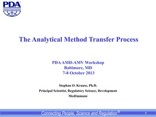 1
The Analytical Method Transfer Process
PDAAMD-AMV Workshop
Baltimore, MD
7-8 October 2013
Stephan O. Krause, Ph.D.
Principal Scientist, Regulatory Science, Development
MedImmune
 