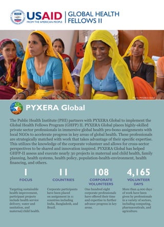 The Public Health Institute (PHI) partners with PYXERA Global to implement the
Global Health Fellows Program (GHFP) II. PYXERA Global places highly-skilled
private sector professionals in immersive global health pro-bono assignments with
local NGOs to accelerate progress in key areas of global health. These professionals
are strategically matched with work that takes advantage of their specific expertise.
This utilizes the knowledge of the corporate volunteer and allows for cross-sector
perspectives to be shared and innovation inspired. PYXERA Global has helped
GHFP-II assess and execute nearly 30 projects in maternal and child health, family
planning, health systems, health policy, population-health-environment, health
financing, and others.
1
Targeting sustainable
health improvement,
participant projects
include health service
delivery, water and
sanitation, and
maternal/child health.
One hundred eight
corporate professionals
have offered their time
and expertise to further
advance progress in key
areas.
More than 4,000 days
of work have been
given by professionals
in a variety of sectors,
including computing,
pharmaceuticals, and
agriculture.
FOCUS
11
COUNTRIES
108
CORPORATE
VOLUNTEERS
4,165
VOLUNTEER
DAYS
Corporate participants
have been placed
on assignment in 11
countries including
India, Bangladesh, and
Brazil.
PYXERA Global
Photo: PYXERA Global
 