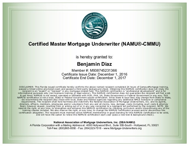 Certificate Of Master Mortgage Underwriter Certificate Of Master Mortgage Underwriter