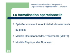 23
La formalisation opérationnelle
! Spécifier comment seront réalisés les éléments
du projet
! Modèle Opérationnel des Traitements (MOPT)
! Modèle Physique des Données
Présentation - Démarche - Conceptuelle –
Organisationnelle - Opérationnelle
Opérationnelle - Conclusion
 
