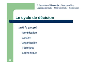 8
Le cycle de décision
! suit le projet :
– Identification
– Gestion
– Organisation
– Technique
– Economique
Présentation - Démarche
Démarche - Conceptuelle –
Organisationnelle - Opérationnelle - Conclusion
 