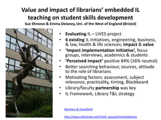 Value and impact of librarians’ embedded IL
teaching on student skills development
Sue Shreeve & Emma Delaney, Uni. of the West of England (Bristol)
• Evaluating IL – LIVES project
• 4 existing IL initiatives, engineering, business,
& law, health & life sciences; impact & value
• ‘Impact implementation initiative’, focus
groups, interviews, academics & students
• ‘Perceived impact’ positive 84% (16% neutral)
• Better searching behaviour, sources, attitude
to the role of librarians
• Motivating factors: assessment, subject
relevance, practicality, timing, Blackboard
• Library/faculty partnership was key
• IL Framework, Library T&L strategy
Markless & Streatfield
http://www.slideshare.net/infolit_group/shreevedelaney
 