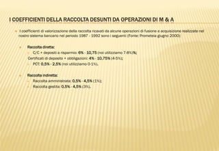 I COEFFICIENTI DELLA RACCOLTA DESUNTI DA OPERAZIONI DI M & A
 I coefficienti di valorizzazione della raccolta ricavati da alcune operazioni di fusione e acquisizione realizzate nel
nostro sistema bancario nel periodo 1987 - 1992 sono i seguenti (Fonte: Prometeia giugno 2000):
 Raccolta diretta:
 C/C + depositi a risparmio: 6% - 10,75 (noi utilizziamo 7-8%)%;
Certificati di deposito + obbligazioni: 4% - 10,75% (4-5%);
 PCT: 0,5% - 2,5% (noi utilizziamo 0-1%).
 Raccolta indiretta:
 Raccolta amministrata: 0,5% - 4,5% (1%);
 Raccolta gestita: 0,5% - 4,5% (3%).
 