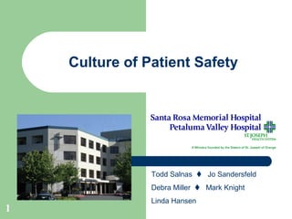 1
Culture of Patient Safety
Todd Salnas  Jo Sandersfeld
Debra Miller  Mark Knight
Linda Hansen
 