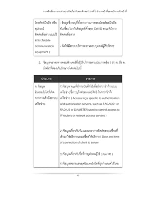 การหลีกเลี่ยงการกระทําความผิดเกี่ยวกับคอมพิวเตอร์ : บทที่ 3 อํานาจหน้าที่ของพนักงานเจ้าหน้าที่
40
โทรศัพท์มือถือ หรือ
อุปกรณ์
ติดต่อสื่อสารแบบไร้
สาย ( Mobile
communication
equipment )
- ข้อมูลซึ่งระบุที่ตั้งทางกายภาพของโทรศัพท์มือถือ
อันเชื่อมโยงกับข้อมูลที่ตั้งของ Cell ID ขณะที่มีการ
ติดต่อสื่อสาร
- จัดให้มีระบบบริการตรวจสอบบุคคลผู้ใช้บริการ
2. ข้อมูลจราจรทางคอมพิวเตอร์ซึ่งผู้ให้บริการตามประกาศข้อ 5 (1) ข. ถึง ค.
มีหน้าที่ต้องเก็บรักษา มีดังต่อไปนี้
ประเภท รายการ
ก. ข้อมูล
อินเทอร์เน็ตที่เกิด
จากการเข้าถึงระบบ
เครือข่าย
1) ข้อมูล log ที่มีการบันทึกไว้เมื่อมีการเข้าถึงระบบ
เครือข่ายซึ่งระบุถึงตัวตนและสิทธิ ในการเข้าถึง
เครือข่าย ( Access logs specific to authentication
and authorization servers, such as TACACS+ or
RADIUS or DIAMETER used to control access to
IP routers or network access servers )
2) ข้อมูลเกี่ยวกับวัน และเวลาการติดต่อของเครื่องที่
เข้ามาใช้บริการและเครื่องให้บริการ ( Date and time
of connection of client to server
3) ข้อมูลเกี่ยวกับชื่อที่ระบุตัวตนผู้ใช้ (User ID )
4) ข้อมูลหมายเลขชุดอินเทอร์เน็ตที่ถูกกําหนดให้โดย
 