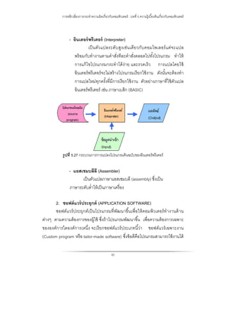 การหลีกเลี่ยงการกระทําความผิดเกี่ยวกับคอมพิวเตอร์ : บทที่ 5 ความรู้เบื้องต้นเกี่ยวกับคอมพิวเตอร์
85
- อินเตอร์พรีเตอร์ (Interpreter)
เป็นตัวแปลระดับสูงเช่นเดียวกับคอมไพเลอร์แต่จะแปล
พร้อมกับทํางานตามคําสั่งทีละคําสั่งตลอดไปทั้งโปรแกรม ทําให้
การแก้ไขโปรแกรมกระทําได้ง่าย และรวดเร็ว การแปลโดยใช้
อินเตอร์พรีเตอร์จะไม่สร้างโปรแกรมเรียกใช้งาน ดังนั้นจะต้องทํา
การแปลใหม่ทุกครั้งที่มีการเรียกใช้งาน ตัวอย่างภาษาที่ใช้ตัวแปล
อินเตอร์พรีเตอร์ เช่น ภาษาเบสิก (BASIC)
รูปที่ 5.27 กระบวนการการแปลงโปรแกรมต้นฉบับของอินเตอร์พรีเตอร์
- แอสเซมบลีลี (Assembler)
เป็นตัวแปลภาษาแอสเซมบลี (assembly) ซึ่งเป็น
ภาษาระดับตํ่าให้เป็นภาษาเครื่อง
2. ซอฟต์แวร์ประยุกต์ (APPLICATION SOFTWARE)
ซอฟต์แวร์ประยุกต์เป็นโปรแกรมที่พัฒนาขึ้นเพื่อให้คอมพิวเตอร์ทํางานด้าน
ต่างๆ ตามความต้องการของผู้ใช้ ซึ่งถ้าโปรแกรมพัฒนาขึ้น เพื่อความต้องการเฉพาะ
ขององค์การใดองค์การเหนึ่ง จะเรียกซอฟต์แวร์ประเภทนี้ว่า ซอฟต์แวร์เฉพาะงาน
(Custom program หรือ tailor-made software) ซึ่งข้อดีคือโปรแกรมสามารถใช้งานได้
 