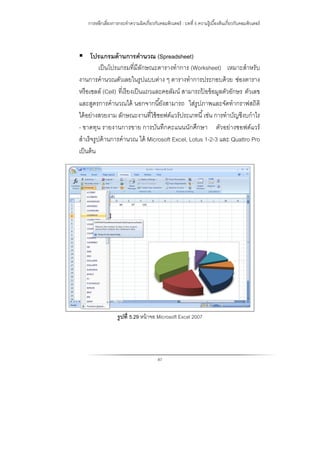 การหลีกเลี่ยงการกระทําความผิดเกี่ยวกับคอมพิวเตอร์ : บทที่ 5 ความรู้เบื้องต้นเกี่ยวกับคอมพิวเตอร์
87
 โปรแกรมด้านการคํานวณ (Spreadsheet)
เป็นโปรแกรมที่มีลักษณะตารางทําการ (Worksheet) เหมาะสําหรับ
งานการคํานวณตัวเลยในรูปแบบต่าง ๆ ตารางทําการประกอบด้วย ช่องตาราง
หรือเซลล์ (Cell) ที่เรียงเป็นแถวและคอลัมน์ สามารถป้ อข้อมูลตัวอักษร ตัวเลข
และสูตรการคํานวณได้ นอกจากนี้ยังสามารถ ใส่รูปภาพและจัดทํากราฟสถิติ
ได้อย่างสวยงาม ลักษณะงานที่ใช้ซอฟต์แวร์ประเภทนี้เช่น การทําบัญชีงบกําไร
- ขาดทุน รายงานการขาย การบันทึกคะแนนนักศึกษา ตัวอย่างซอฟต์แวร์
สําเร็จรูปด้านการคํานวณ ได้ Microsoft Excel, Lotus 1-2-3 และ Quattro Pro
เป็นต้น
รูปที่ 5.29 หน้าจอ Microsoft Excel 2007
 