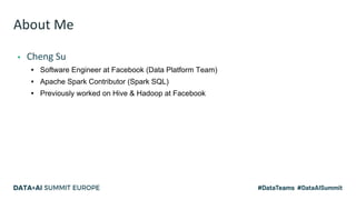 About Me
▪ Cheng Su
▪ Software Engineer at Facebook (Data Platform Team)
▪ Apache Spark Contributor (Spark SQL)
▪ Previous...