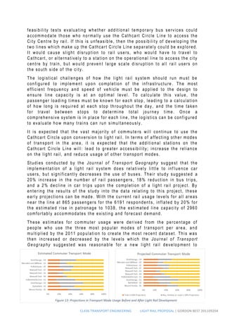 CL436 TRANSPORT ENGINEERING LIGHT RAIL PROPOSAL | GORDON BEST 201109204
feasibility tests evaluating whether additional temporary bus services could
accommodate those who normally use the Cathcart Circle Line to access the
City Centre by rail. If this is unfeasible, then the possibility of developing the
two lines which make up the Cathcart Circ le Line separately could be explored.
It would cause slight disruption to rail users, who would have to travel to
Cathcart, or alternatively to a station on the operational line to access the city
centre by train, but would preven t large scale disruption to all rail users on
the south side of the city.
The logistical challenges of how the light rail system should run must be
configured to implement upon completion of the infrastructure . The most
efficient frequency and speed of ve hicle must be applied to the design to
ensure line capacity is at an optimal level. To calculate this value, the
passenger loading times must be known for each stop , leading to a calculation
of how long is required at each stop throughout the day, and the time taken
for travel between stops to determine total journey time. Once a
comprehensive system is in place for each line, the logistics can be configured
to evaluate how many trains can run simultaneously.
It is expected that the vast majority of commute rs will continue to use the
Cathcart Circle upon conversion to light rail. In terms of affecting other modes
of transport in the area, it is expected that the additional stations on the
Cathcart Circle Line will: lead to greater accessibility; increase the reliance
on the light rail, and reduce usage of other transport modes.
Studies conducted by the Journal of Transport Geography suggest that the
implementation of a light rail system does relatively little to inf luence car
users, but significantly decreases the use of buses. Their study suggested a
20% increase in the number of rail passengers , 18% reduction in bus trips,
and a 2% decline in car trips upon the completion of a light rail project. By
entering the results of the study into the data relating to this project, these
early projections can be made. With the current rail usage levels for all areas
near the line at 865 passengers for the 6191 respondents, inflated by 20% for
the estimated rise in patronage to 1038, the estimated line capacity of 2960
comfortably accommodates the existing and forecast demand.
These estimates for commuter usage were derived from the percentage of
people who use the three most popular modes of transport per area, and
multiplied by the 2011 population to create the most recent dataset. This was
then increased or decreased by the l evels which the Journal of Transport
Geography suggested was reasonable for a new light rail development to
Figure 13- Projections in Transport Mode Usage Before and After Light Rail Development
 