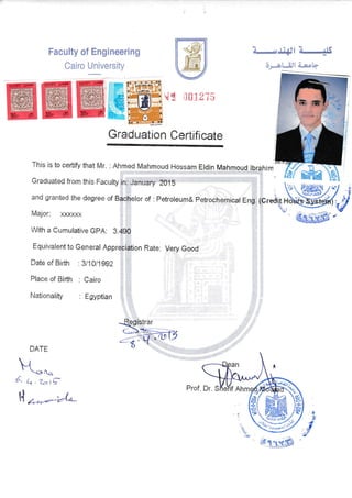 Faculty of Engineering
Cairo University
f-,{i{Jt ?.#
6.-ol-ijl a-eitt
€E 001275
Graduation Certificate
Major: xxnffx
With a Cumulative GPA:
Equivalent to General
NATEU'IIL
LJt -*no
,/,
a' q-?oi5
Date *f Birth
Place cf Birth
Nationalig
:311S11992
: Sairo
: Egyptian
Very Good
Prsf.
14
".,":r;*
"t*Z/9t-sl'', o-*;,t :'rr
 