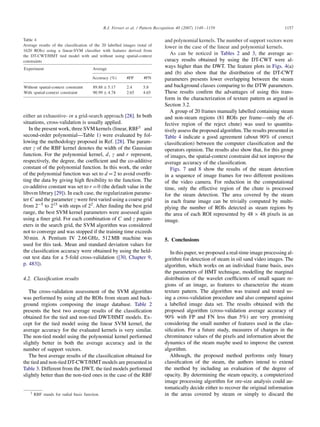 R.J. Ferrari et al. / Pattern Recognition 40 (2007) 1148–1159 1157
Table 4
Average results of the classiﬁcation of the 20 labelled images (total of
1620 ROIs) using a linear-SVM classiﬁer with features derived from
the DT-CWT/HMT tied model with and without using spatial-context
constraints
Experiment Average
Accuracy (%) #FP #FN
Without spatial-context constraint 89.88 ± 5.17 2.4 5.8
With spatial-context constraint 90.99 ± 4.78 2.65 4.65
either an exhaustive- or a grid-search approach [28]. In both
situations, cross-validation is usually applied.
In the present work, three SVM kernels (linear, RBF1 and
second-order polynomial—Table 1) were evaluated by fol-
lowing the methodology proposed in Ref. [28]. The param-
eter of the RBF kernel denotes the width of the Gaussian
function. For the polynomial kernel, d, and r represent,
respectively, the degree, the coefﬁcient and the co-additive
constant of the polynomial function. In this work, the order
of the polynomial function was set to d =2 to avoid overﬁt-
ting the data by giving high ﬂexibility to the function. The
co-additive constant was set to r =0 (the default value in the
libsvm library [29]). In each case, the regularization parame-
ter C and the parameter were ﬁrst varied using a coarse grid
from 2−5 to 215 with steps of 22. After ﬁnding the best grid
range, the best SVM kernel parameters were assessed again
using a ﬁner grid. For each combination of C and param-
eters in the search grid, the SVM algorithm was considered
not to converge and was stopped if the training time exceeds
30 min. A Pentium IV 2.66 GHz, 512 MB machine was
used for this task. Mean and standard deviation values for
the classiﬁcation accuracy were obtained by using the held-
out test data for a 5-fold cross-validation ([30, Chapter 9,
p. 483]).
4.2. Classiﬁcation results
The cross-validation assessment of the SVM algorithm
was performed by using all the ROIs from steam and back-
ground regions composing the image database. Table 2
presents the best two average results of the classiﬁcation
obtained for the tied and non-tied DWT/HMT models. Ex-
cept for the tied model using the linear SVM kernel, the
average accuracy for the evaluated kernels is very similar.
The non-tied model using the polynomial kernel performed
slightly better in both the average accuracy and in the
number of support vectors.
The best average results of the classiﬁcation obtained for
the tied and non-tied DT-CWT/HMT models are presented in
Table 3. Different from the DWT, the tied models performed
slightly better than the non-tied ones in the case of the RBF
1 RBF stands for radial basis function.
and polynomial kernels. The number of support vectors were
lower in the case of the linear and polynomial kernels.
As can be noticed in Tables 2 and 3, the average ac-
curacy results obtained by using the DT-CWT were al-
ways higher than the DWT. The feature plots in Figs. 4(a)
and (b) also show that the distribution of the DT-CWT
parameters presents lower overlapping between the steam
and background classes comparing to the DTW parameters.
These results conﬁrm the advantages of using this trans-
form in the characterization of texture pattern as argued in
Section 3.2.
A group of 20 frames manually labelled containing steam
and non-steam regions (81 ROIs per frame—only the ef-
fective region of the reject chute) was used to quantita-
tively assess the proposed algorithm. The results presented in
Table 4 indicate a good agreement (about 90% of correct
classiﬁcation) between the computer classiﬁcation and the
operators opinion. The results also show that, for this group
of images, the spatial-context constraint did not improve the
average accuracy of the classiﬁcation.
Figs. 7 and 8 show the results of the steam detection
in a sequence of image frames for two different positions
of the video camera. For reduction in the computational
time, only the effective region of the chute is processed
for the steam detection. The area covered by the steam
in each frame image can be trivially computed by multi-
plying the number of ROIs detected as steam regions by
the area of each ROI represented by 48 × 48 pixels in an
image.
5. Conclusions
In this paper, we proposed a real-time image processing al-
gorithm for detection of steam in oil sand video images. The
algorithm, which works on an individual frame basis, uses
the parameters of HMT technique, modelling the marginal
distribution of the wavelet coefﬁcients of small square re-
gions of an image, as features to characterize the steam
texture pattern. The algorithm was trained and tested us-
ing a cross-validation procedure and also compared against
a labelled image data set. The results obtained with the
proposed algorithm (cross-validation average accuracy of
90% with FP and FN less than 5%) are very promising
considering the small number of features used in the clas-
siﬁcation. For a future study, measures of changes in the
chrominance values of the pixels and information about the
dynamics of the steam maybe used to improve the current
algorithm.
Although, the proposed method performs only binary
classiﬁcation of the steam, the authors intend to extend
the method by including an evaluation of the degree of
opacity. By determining the steam opacity, a computerized
image processing algorithm for ore-size analysis could au-
tomatically decide either to recover the original information
in the areas covered by steam or simply to discard the
 