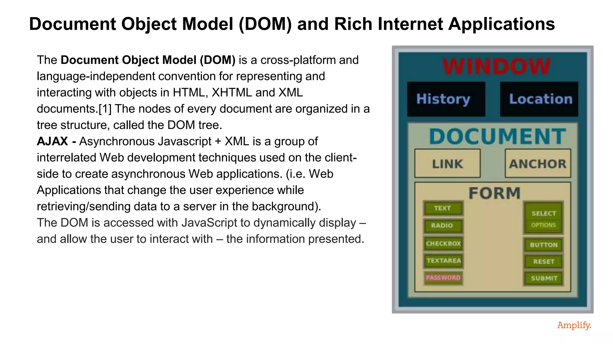 The Document Object Model (DOM) is a cross-platform and
language-independent convention for representing and
interacting with objects in HTML, XHTML and XML
documents.[1] The nodes of every document are organized in a
tree structure, called the DOM tree.
AJAX - Asynchronous Javascript + XML is a group of
interrelated Web development techniques used on the client-
side to create asynchronous Web applications. (i.e. Web
Applications that change the user experience while
retrieving/sending data to a server in the background).
The DOM is accessed with JavaScript to dynamically display –
and allow the user to interact with – the information presented.
Document Object Model (DOM) and Rich Internet Applications
 