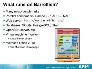 11
What runs on Barrelfish?
? Many micro benchmarks
? Parallel benchmarks: Parsec, SPLASH-2, NAS
? Web server: http://www.barrelfish.org/
? Databases: SQLite, PostgreSQL, other...
? OpenSSH server, etc.
? Virtual machine monitor
? Linux kernel binary
? Microsoft Office 2010!
? Via Microsoft Drawbridge
 