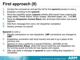 26
First approach (II)
1. Contact the nameserver and get the iref for the spawnd process in core y
2. Establish a binding to the spawnd
3. Send the capability space (cspace) entirely (that would mean copying the
page tables, thread stacks, binary images, allocated pages, etc...) via IDC
4. Send the Dispatcher Control Block with all thread information and saved
registers
5. Wait from message from core y for dispatcher completion
6. Destroy process via syscall.
Spawnd on core y:
1. Migrate connections on new dispatcher. LMP connections are changed to
UMP
2. Establishes connection with local monitor and sets it up in place of the
previous one.
3. Spawnd on core y performs a syscall SYSCALL_INVOKE on the
DispatcherCmd_Setup, where the kernel insert the new dispatcher into
the running queue and sets de new cspace and vspace.
4. After call, send a message to spawnd on core x telling that migration is
completed.
 