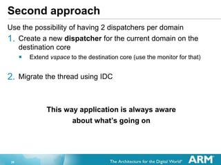 28
Second approach
Use the possibility of having 2 dispatchers per domain
1. Create a new dispatcher for the current domain on the
destination core
? Extend vspace to the destination core (use the monitor for that)
2. Migrate the thread using IDC
This way application is always aware
about whats going on
 