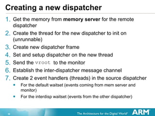 30
Creating a new dispatcher
1. Get the memory from memory server for the remote
dispatcher
2. Create the thread for the new dispatcher to init on
(unrunnable)
3. Create new dispatcher frame
4. Set and setup dispatcher on the new thread
5. Send the vroot to the monitor
6. Establish the inter-dispatcher message channel
7. Create 2 event handlers (threads) in the source dispatcher
? For the default waitset (events coming from mem server and
monitor)
? For the interdisp waitset (events from the other dispatcher)
 