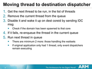 31
Moving thread to destination dispatcher
1. Get the next thread to be run, in the list of threads
2. Remove the current thread from the queue
3. Disable it and wake it up on dest coreid by sending IDC
msg
? Check if the domain has been spawned to that core
4. If it fails, re-enqueue the thread in the current queue
5. Run next thread in queue
? There are minimum 2 more: those handling the waitsets
? If original application only had 1 thread, only event dispatchers
remain executing
 