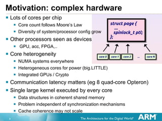 5
Motivation: complex hardware
? Lots of cores per chip
? Core count follows Moores Law
? Diversity of system/processor config grow
? Other processors seen as devices
? GPU, acc, FPGA,..
? Core heterogeneity
? NUMA systems everywhere
? Heterogeneous cores for power (big.LITTLE)
? Integrated GPUs / Crypto
? Communication latency matters (eg 8 quad-core Opteron)
? Single large kernel executed by every core
? Data structures in coherent shared memory
? Problem independent of synchronization mechanisms
? Cache coherence may not scale
 