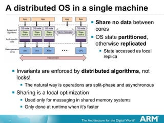 7
A distributed OS in a single machine
? Share no data between
cores
? OS state partitioned,
otherwise replicated
? State accessed as local
replica
? Invariants are enforced by distributed algorithms, not
locks!
? The natural way is operations are split-phase and asynchronous
? Sharing is a local optimization
? Used only for messaging in shared memory systems
? Only done at runtime when its faster
 