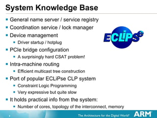 9
System Knowledge Base
? General name server / service registry
? Coordination service / lock manager
? Device management
? Driver startup / hotplug
? PCIe bridge configuration
? A surprisingly hard CSAT problem!
? Intra-machine routing
? Efficient multicast tree construction
? Port of popular ECLiPse CLP system
? Constraint Logic Programming
? Very expressive but quite slow
? It holds practical info from the system:
? Number of cores, topology of the interconnect, memory
 