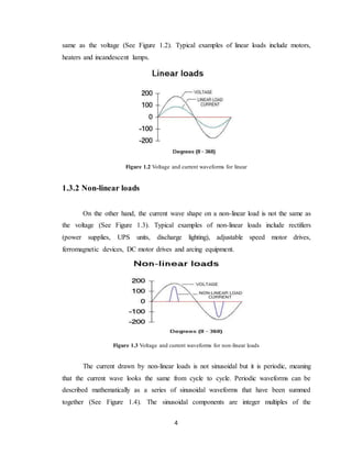 4
same as the voltage (See Figure 1.2). Typical examples of linear loads include motors,
heaters and incandescent lamps.
Figure 1.2 Voltage and current waveforms for linear
1.3.2 Non-linear loads
On the other hand, the current wave shape on a non-linear load is not the same as
the voltage (See Figure 1.3). Typical examples of non-linear loads include rectifiers
(power supplies, UPS units, discharge lighting), adjustable speed motor drives,
ferromagnetic devices, DC motor drives and arcing equipment.
Figure 1.3 Voltage and current waveforms for non-linear loads
The current drawn by non-linear loads is not sinusoidal but it is periodic, meaning
that the current wave looks the same from cycle to cycle. Periodic waveforms can be
described mathematically as a series of sinusoidal waveforms that have been summed
together (See Figure 1.4). The sinusoidal components are integer multiples of the
 