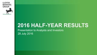 TITLE SLIDE IS IN
SENTENCE CASE.
GREEN BACKGROUND.
2016 HALF-YEAR RESULTS
Presentation to Analysts and Investors
28 July 2016
 