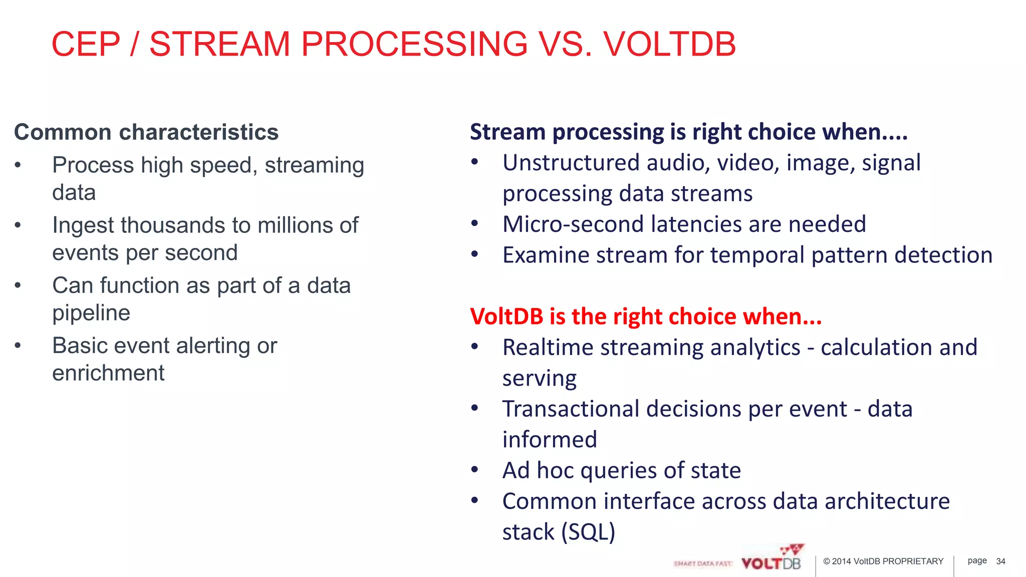 page© 2014 VoltDB PROPRIETARY
CEP / STREAM PROCESSING VS. VOLTDB
Common characteristics
• Process high speed, streaming
data
• Ingest thousands to millions of
events per second
• Can function as part of a data
pipeline
• Basic event alerting or
enrichment
34
Stream processing is right choice when....
• Unstructured audio, video, image, signal
processing data streams
• Micro-second latencies are needed
• Examine stream for temporal pattern detection
VoltDB is the right choice when...
• Realtime streaming analytics - calculation and
serving
• Transactional decisions per event - data
informed
• Ad hoc queries of state
• Common interface across data architecture
stack (SQL)
 